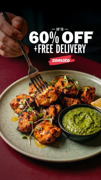 This ad promotes food delivery through the Zomato app, highlighting a deal of up to 60% off and free delivery. It featur