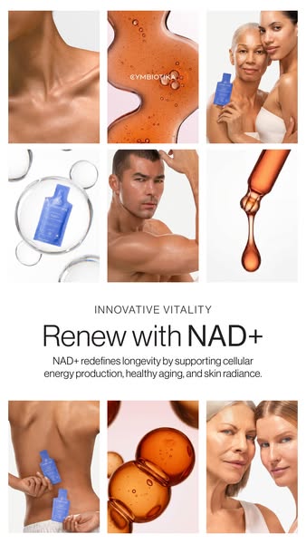 This ad for Symbiotika promotes their NAD+ product, highlighting its benefits for cellular energy production, healthy ag
