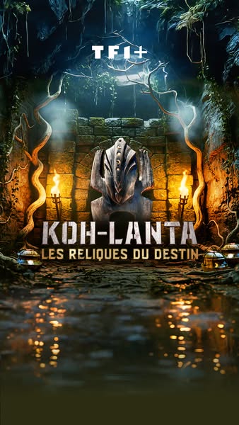 This ad is for the TV show Koh-Lanta: Les Reliques du Destin on the channel TF1+. The image shows a stone temple in a ju