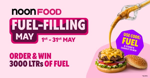 This ad promotes Noon Food's sweepstakes, where customers can win fuel by ordering food. It uses a humorous visual o