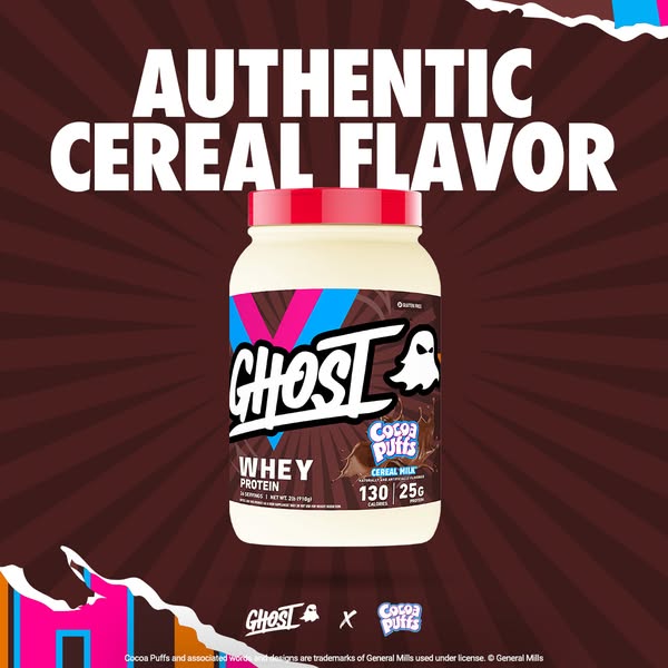 This image is an advertisement for Ghost Whey Protein in Cocoa Puffs cereal milk flavor. The ad features a single produc