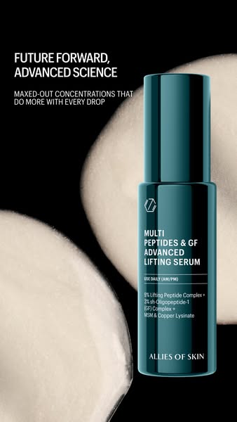 This ad showcases Allies of Skin's Multi Peptides & GF Advanced Lifting Serum. It focuses on the product's a
