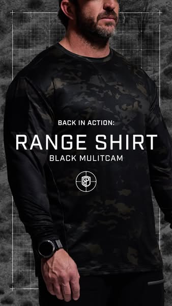 This ad features a man wearing a black Multicam long-sleeve range shirt. The ad highlights the product's design and