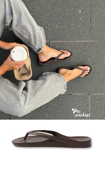 This ad features a person sitting with their legs crossed on a textured gray surface with a to-go coffee cup and a pair 