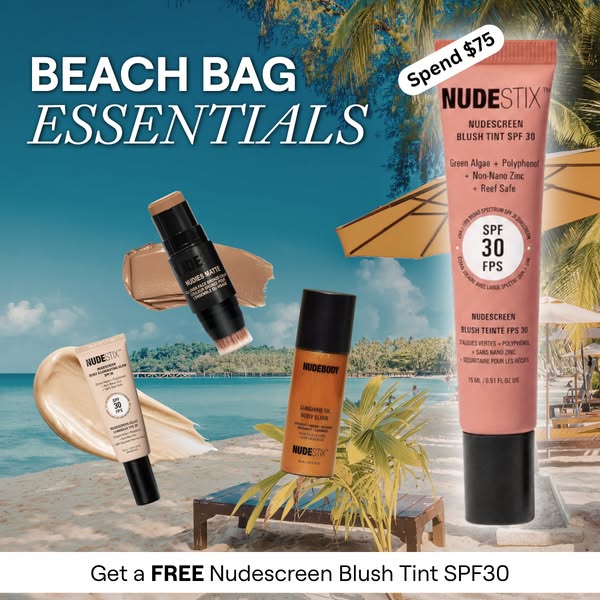 This image ad from Nudestix promotes several of their products as a beach bag essential. By spending $75, customers can 