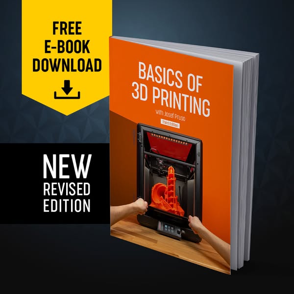 This is an ad for a free e-book download of the Basics of 3D Printing. The ad highlights that it is a new revised editio