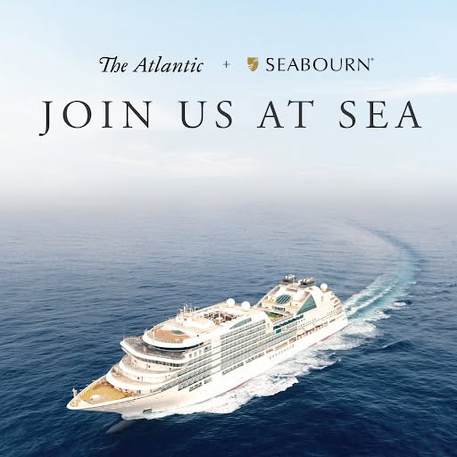 This image ad features The Atlantic and Seabourn brands. The advertisement shows an aerial view of a cruise ship at sea.