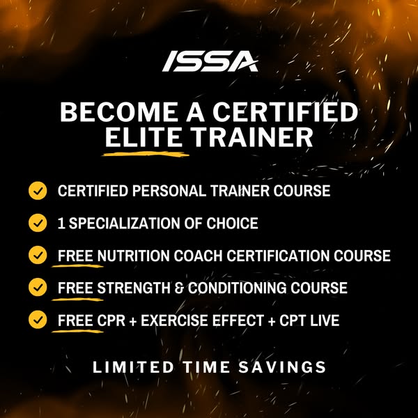 This ad promotes ISSA's certified elite trainer course, highlighting several courses included in the offer. The ad t