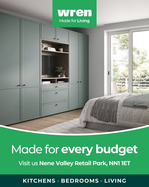 This ad for Wren Kitchens showcases their bedroom closet solutions, emphasizing affordability and location in Nene Valle