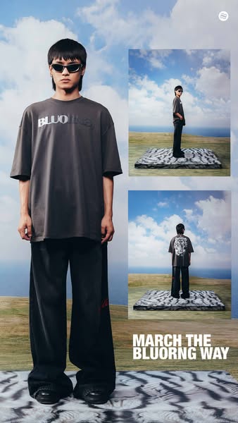 This ad promotes BLUORNG clothing, featuring a model wearing a t-shirt and pants. The ad showcases the clothing in a sty