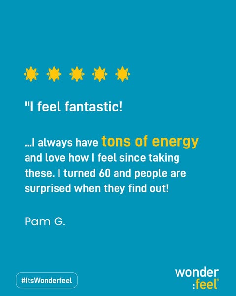 This is a testimonial ad for Wonderfeel featuring a positive review from a 60-year-old woman, highlighting the product&#