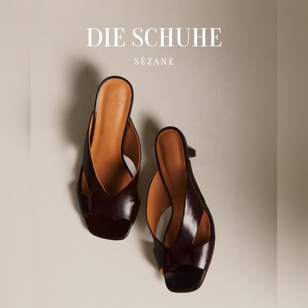 This ad showcases Sezane shoes. The ad features two shoes placed on a neutral background, highlighting their design and 