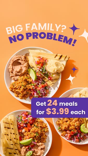 This image ad promotes a meal service that provides affordable meals for large families. The ad features multiple plates