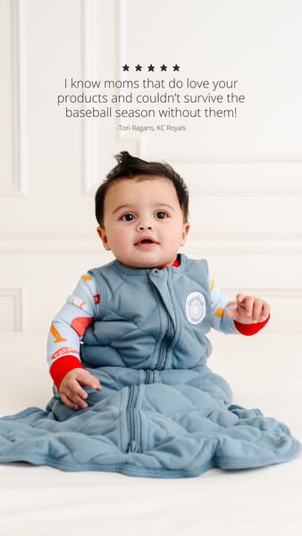 This ad features a baby wearing a quilted wearable blanket product and shares a testimonial from Tori Ragans, of the KC 
