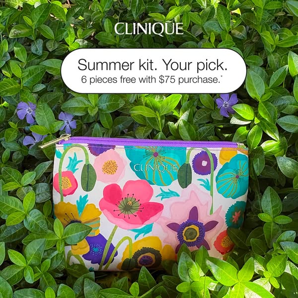 This image ad for Clinique promotes a summer kit. The ad features the Clinique floral cosmetic bag in a bed of green lea