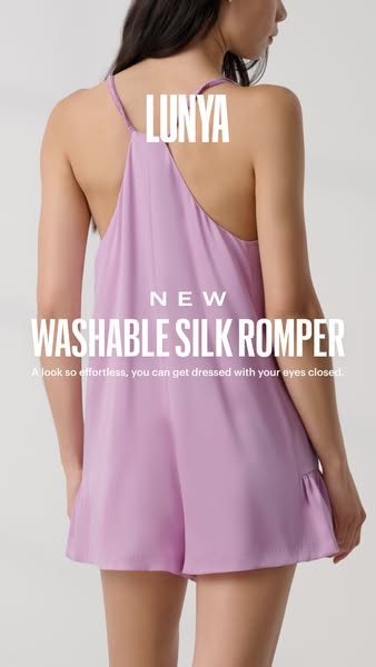 This ad for Lunya features a woman from the back showcasing the washable silk romper. The ad copy highlights the effortl