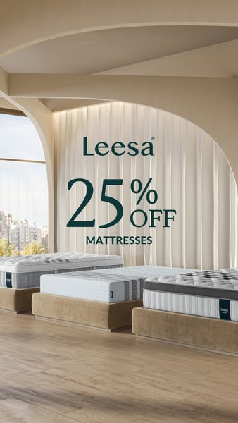 This ad for Leesa mattresses features three mattresses in a showroom setting and promotes a 25% off sale.