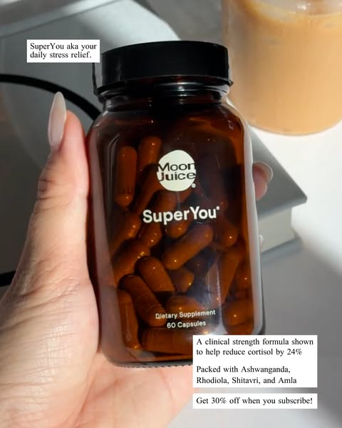 This image ad promotes Moon Juice's SuperYou dietary supplement, emphasizing its ability to reduce stress through a 