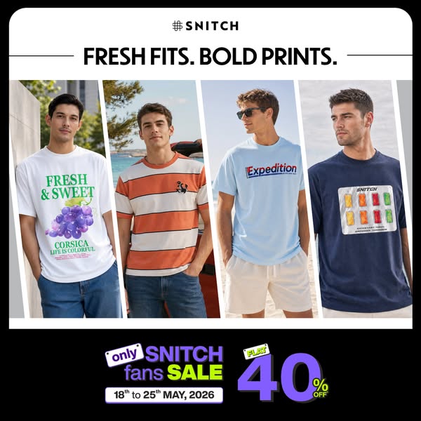 This ad showcases a collection of men's t-shirts with bold prints from the brand SNITCH. It highlights a limited-tim