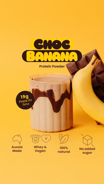 This image promotes a chocolate banana flavored protein powder with claims of being aussie made, whey and vegan, 100% na