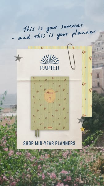 This image ad for Papier promotes their mid-year planners. The ad has a handwritten note aesthetic, and the planner is s