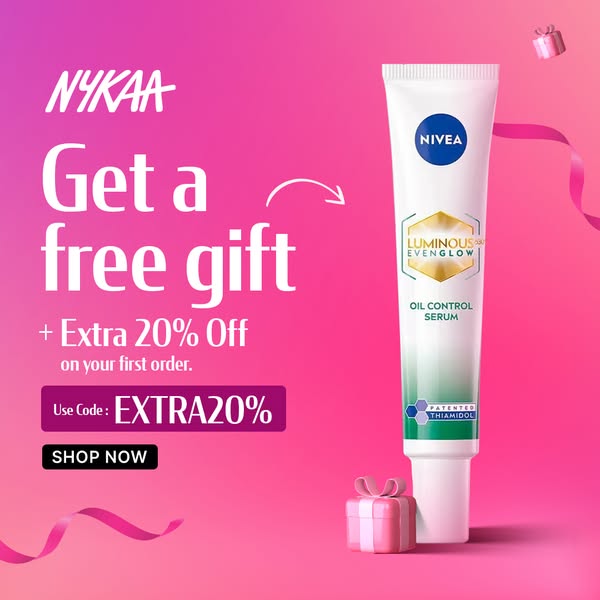 This ad promotes Nivea Luminous Even Glow Oil Control Serum, highlighting the availability of a free gift and a 20% disc