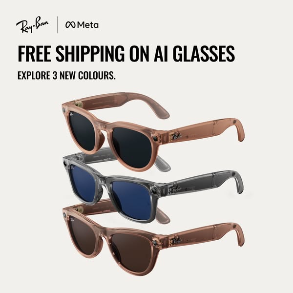 This image ad promotes Ray-Ban Meta AI glasses with free shipping and introduces three new color options.