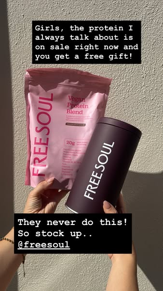 An in-feed image ad promoting Free Soul vegan protein blend. The ad features a person holding Free Soul protein powder a
