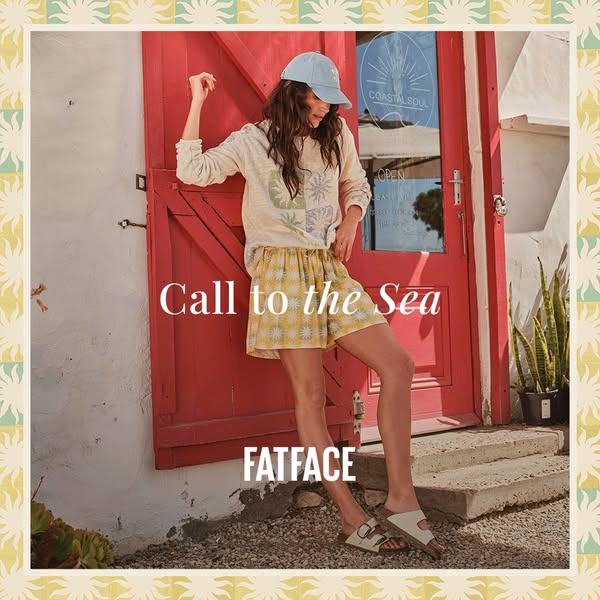 This ad features a model wearing clothing from FatFace's latest line. The clothing, consisting of a patterned long-s