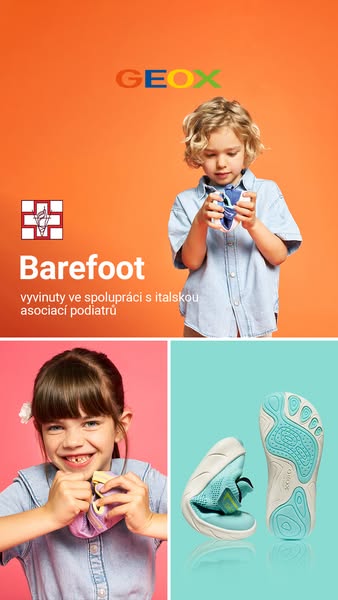 This ad showcases GEOX barefoot shoes designed in collaboration with Italian podiatrists, featuring children interacting