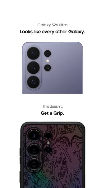 This ad shows a Samsung Galaxy S26 Ultra in purple next to a Samsung Galaxy S26 Ultra in a black phone case with a topog