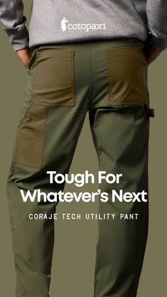 The ad displays an image of the Coraje Tech Utility Pant while highlighting its durability.