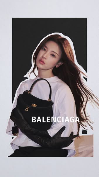 This ad showcases a black Balenciaga handbag held by a model, set against a cutout-style background of a black and white