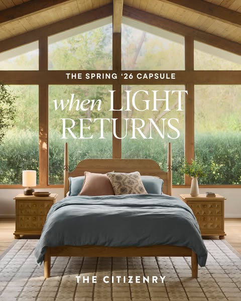 This image ad showcases bedroom furniture in a naturally lit room to promote The Citizenry's spring collection.