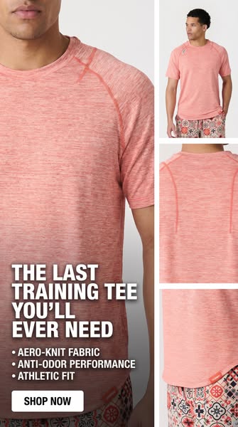 This ad showcases a man's training tee while listing the qualities of the tee and ending with a CTA to shop now.