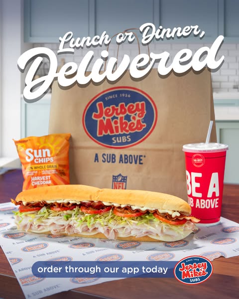 This ad for Jersey Mike's promotes the convenience of ordering lunch or dinner through their app, showcasing a close