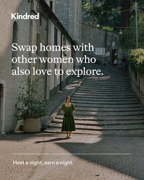 An image ad for Kindred, a service that allows women who love to explore to swap homes with each other. The image featur