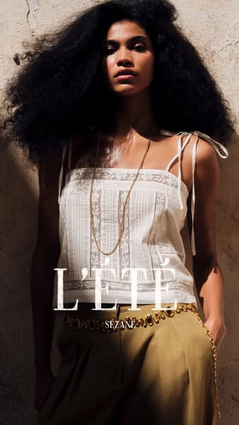 This ad promotes Sezane's L'ETE collection. A model is shown in an outfit from the collection, consisting of a w