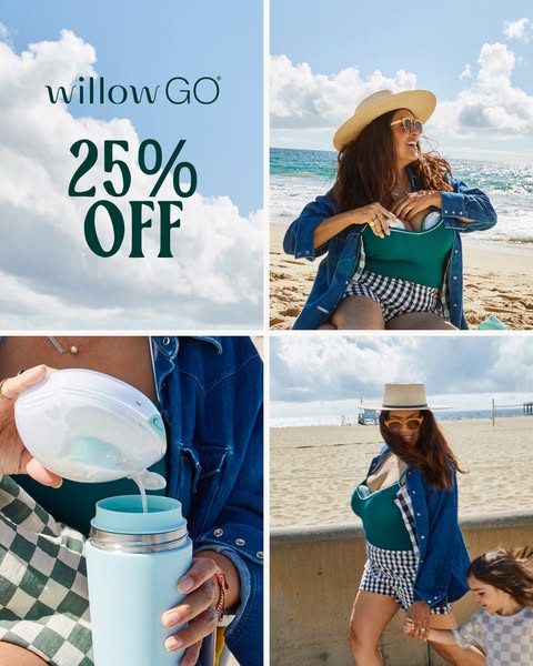 This four-panel image ad shows a woman wearing a Willow Go breast pump at the beach and also pouring breastmilk from the