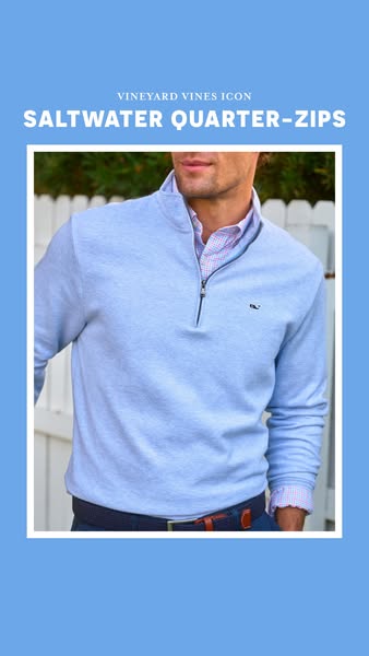 A lifestyle image promoting Vineyard Vines' Saltwater Quarter-Zip sweatshirt. The ad features a model wearing the sw