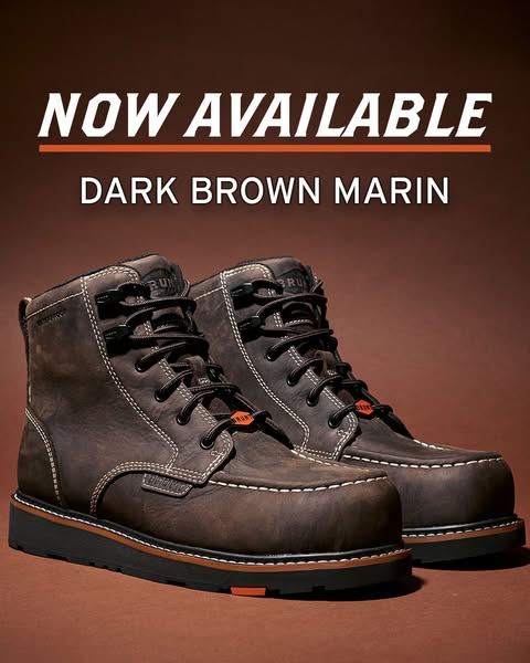The ad showcases the new Dark Brown Marin color of BRUNT work boots, highlighting their rugged design and new availabili