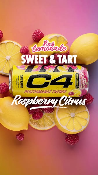 This ad showcases the C4 Energy drink, emphasizing its raspberry citrus flavor. It is positioned amidst raspberries and 