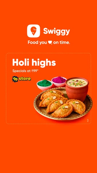 This image ad for Swiggy advertises Holi specials at ₹99 from the 99 store. It features a plate of fried pastries, bowls