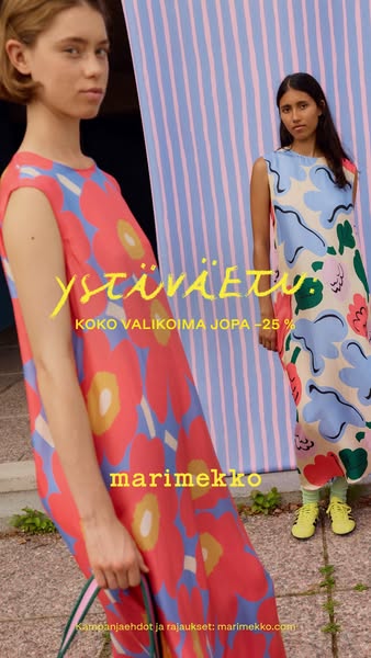 An image ad featuring two women modeling Marimekko dresses. The ad promotes a 25% off sale.