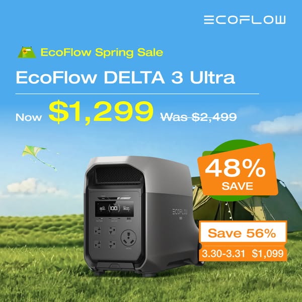 This ad promotes a spring sale for the EcoFlow DELTA 3 Ultra power station. The ad features a shot of the product in an 