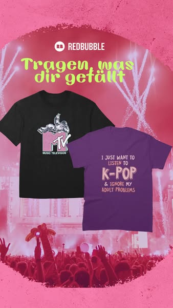 This ad by Redbubble features two t-shirts with different prints. One t-shirt is black with the MTV logo on it, and the