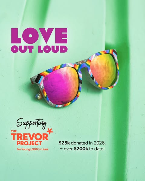 Image ad showing branded sunglasses in rainbow colors with a message supporting the Trevor Project and calling out donat