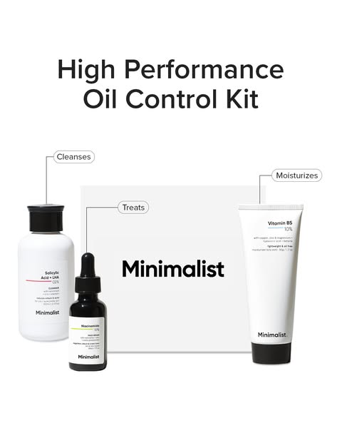This ad features an assortment of skincare products by Minimalist to combat oily skin. It highlights three main products