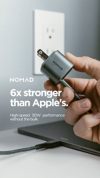 This ad features the Nomad charger and shows how it is stronger and more compact than Apple's chargers.