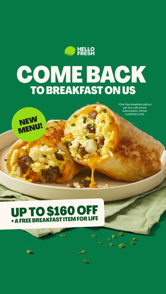 This ad features two breakfast burritos on a green background to promote Hello Fresh's breakfast options. It incenti